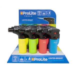 12 pack compact torch lighter in variety of Neon colors suitable for indoor and outdoor use.