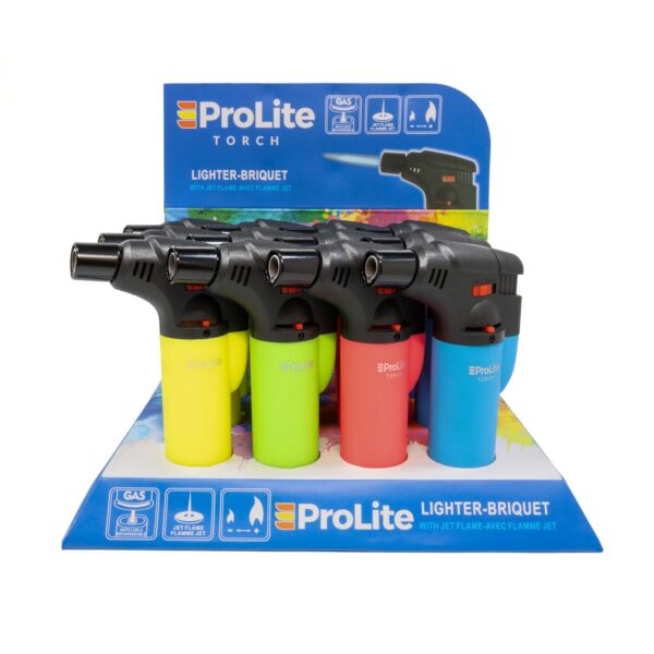 12 pack compact torch lighter in variety of Neon colors suitable for indoor and outdoor use.