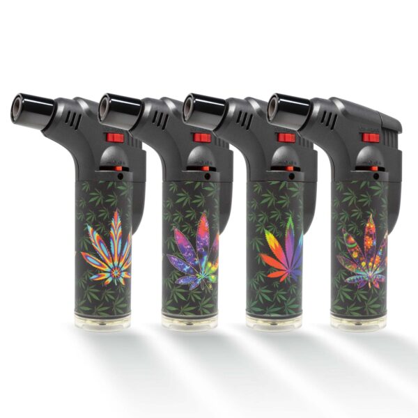 Compact torch lighter in variety of leaf colors suitable for indoor and outdoor use.