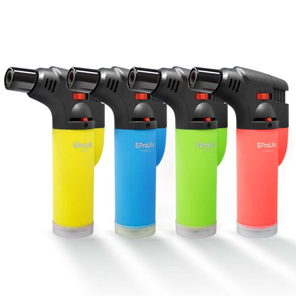 Compact torch lighter in variety of yellow red green blue Neon colors suitable for indoor and outdoor use - 4 pack