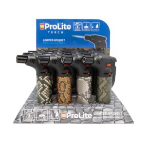 12 pack compact torch lighter in variety of snake skin colors suitable for indoor and outdoor use.