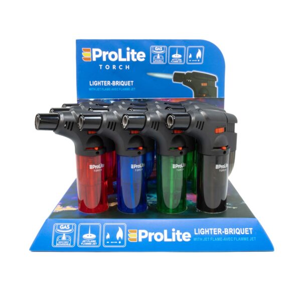 12 pack compact torch lighter in variety of transparent black red blue green colors suitable for indoor and outdoor use.