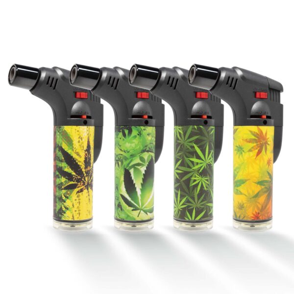 Compact torch lighter in variety of leaf colors suitable for indoor and outdoor use.