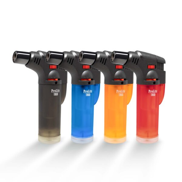 Compact torch lighter in variety of black red orange blue frosty colors suitable for indoor and outdoor use