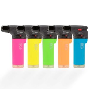 5 pack Compact torch lighter in variety of neon yellow orange green blue pink colors suitable for indoor and outdoor use