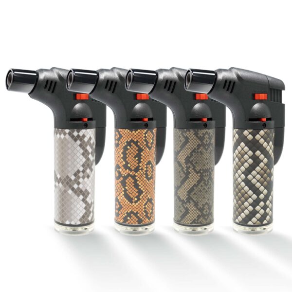 Compact torch lighter in variety of snake skin colors suitable for indoor and outdoor use