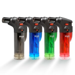 Compact torch lighter in variety of black red green blue transparent colors suitable for indoor and outdoor use