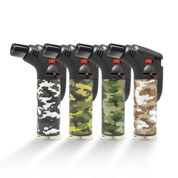 Compact torch lighter in variety of army colors suitable for indoor and outdoor use