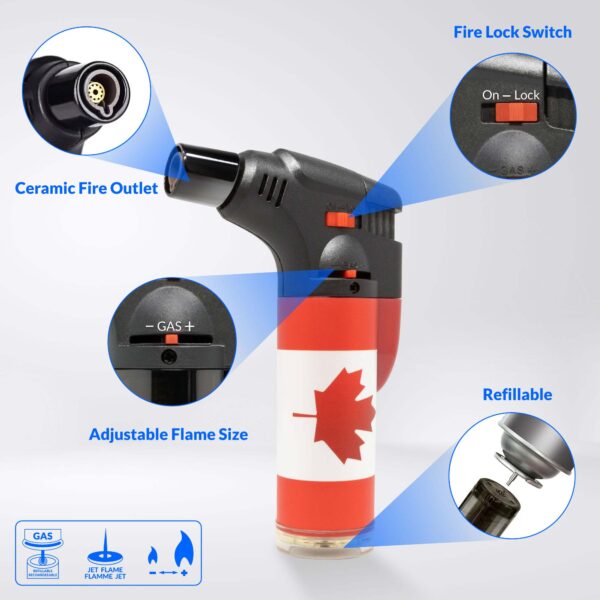 ProLite Torch Lighter Butane Refillable, Adjustable Jet Flame, Powerful Windproof, Safety Lock, For Indoors and Outdoors, Canada Flag Set 4 Pack - Image 2