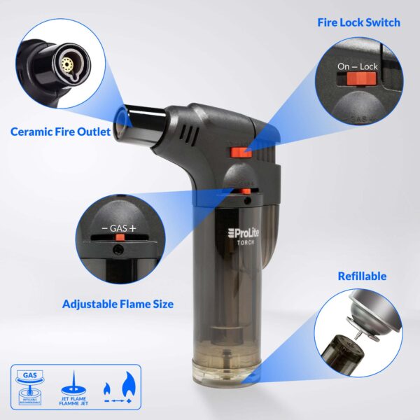 Prolite torch lighter with safety lock and butane refill instructions