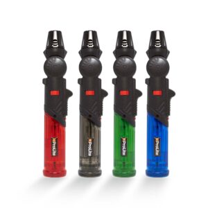 4 Pack flexible and refillable torch lighters in black blue red green colors.