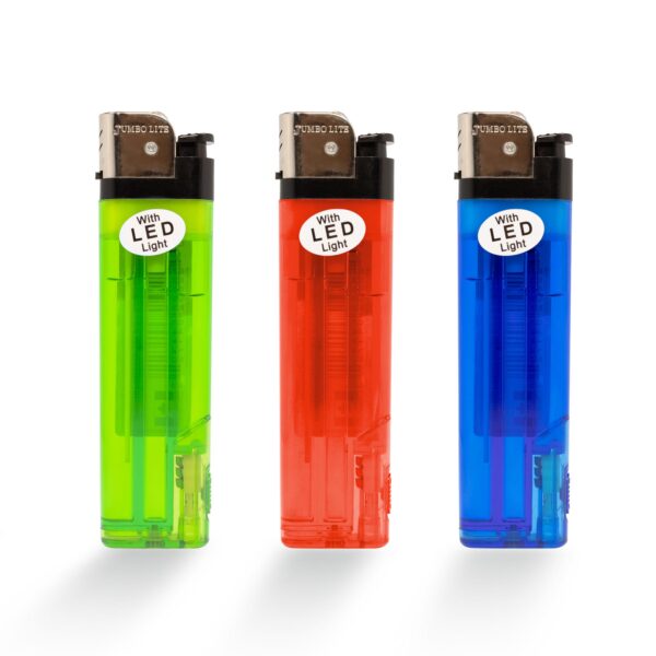 Soft flame lighters with LED flash light in red blue green colors