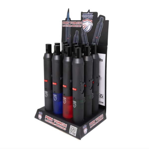 12 pack Hawk torch lighter in black red blue green